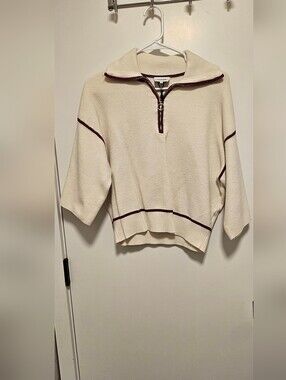 Cream Half-Zip Sweater with Maroon Trim – Women